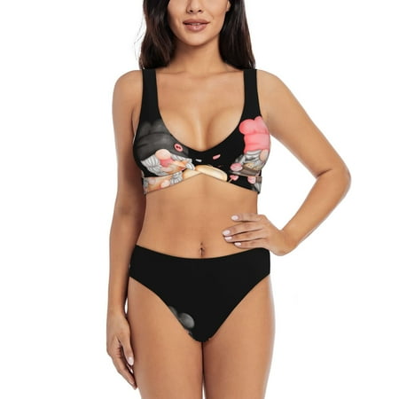 Zeuib Baker Gnome High Waisted Tummy Control Bikini Set - Knot Front Push Up Top & Cheeky Thong Bottom  Two-Piece Swimsuit for Women-Medium