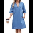 thumbnail image 3 of Vestido Camisero Vaquero para Mujer, de Verano, con Cuello en V, Minivestido Informal con Bolsillos. Azul XL, 3 of 10