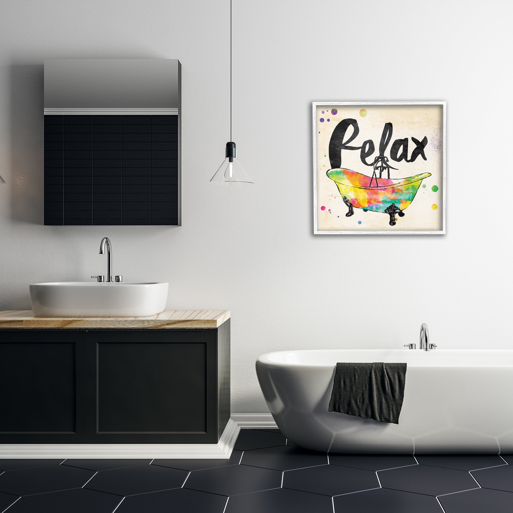 Stupell Industries Relax Rainbow Colors Icon Bath Typography Painting White Framed Art Print Wall Art, 24 x 24