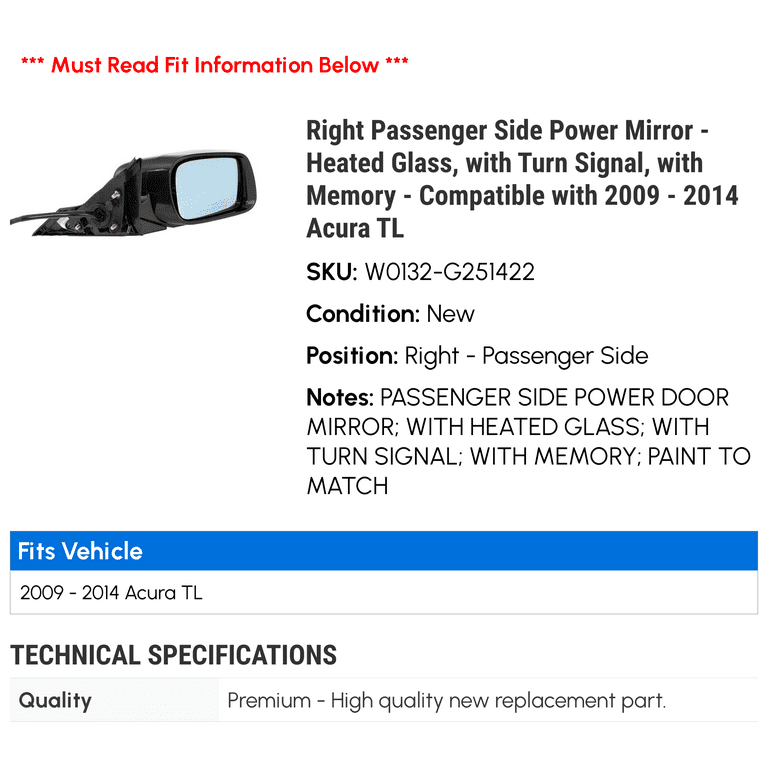 Right Side Power Mirror For 2009-2014 Acura TL - Heated, Turn Signal, Memory