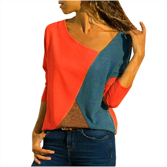 Camiseta informal de manga larga con cuello redondo y costuras en contraste para mujer Fridja ghj987+1038
