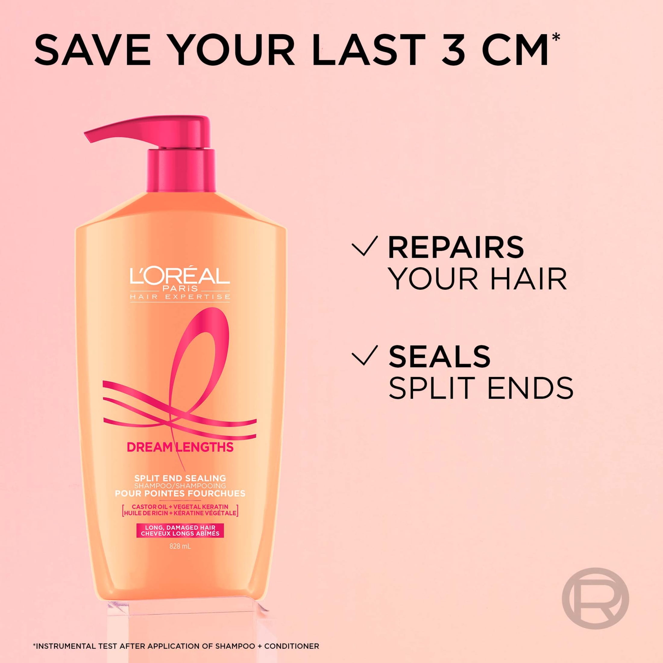 L'Oréal Paris Hair Expertise Dream Lengths Split End Sealing Shampoo, With Castor Oil and Vegetal Keratin for Long, Damaged Hair, 591ml