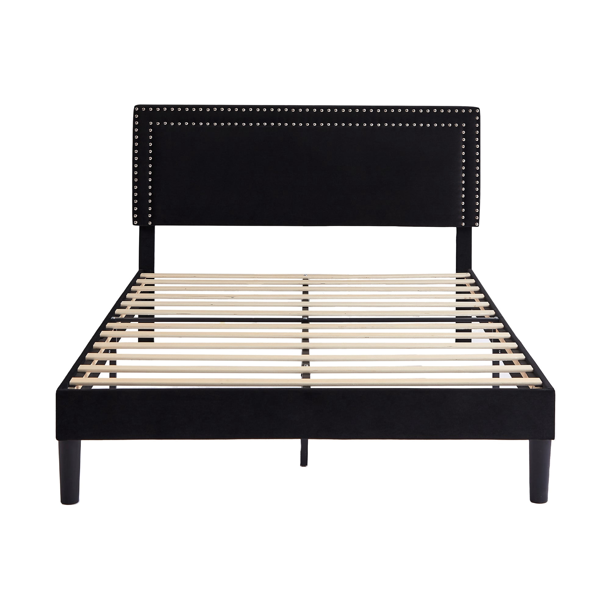 VECELO Queen Size Platform Bed Frame, Modern Upholstered Bed Frame with Adjustable Height & Nailhead Trim Headboard, No Box Spring Needed, Easy Assembly, Black