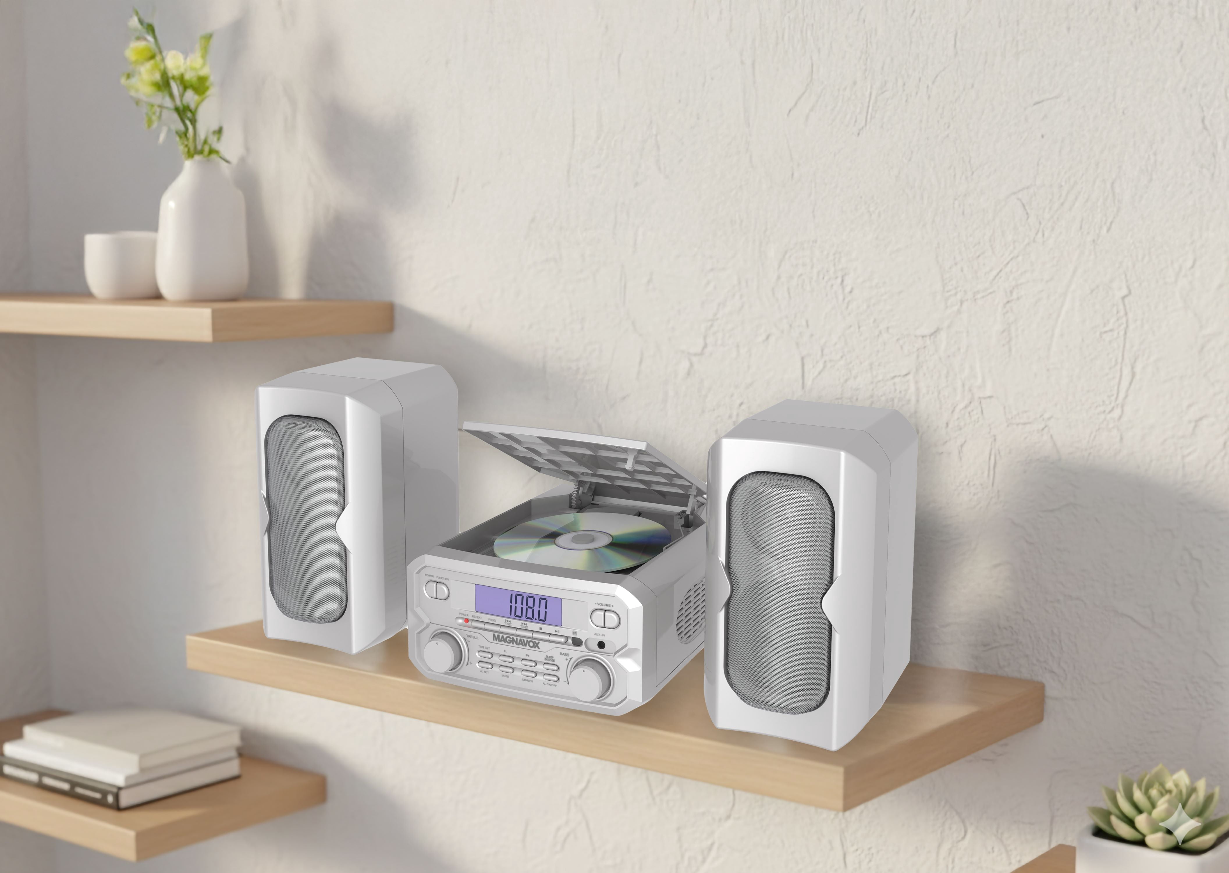 Magnavox Bluetooth 3-in-1 CD Shelf System with FM Stereo, Compact CD Player with Bluetooth Streaming, AUX Input, LCD Display, Top-Loading CD Player, Silver