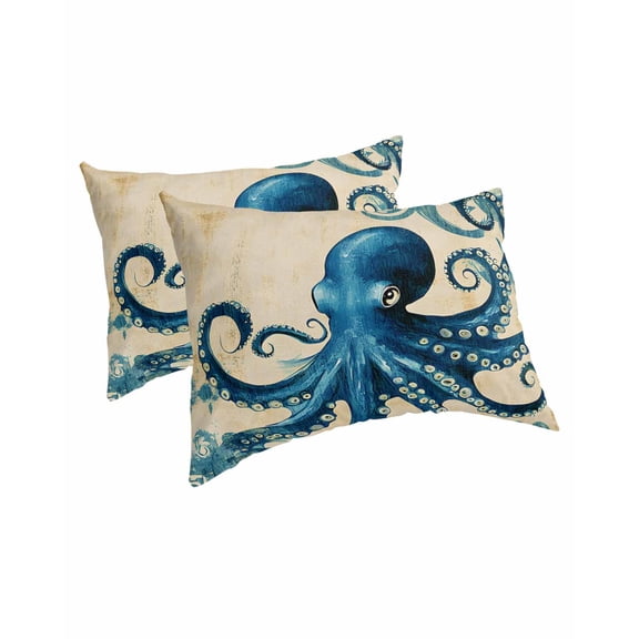 Vintage Blue Octopus Pillow Covers Queen Size 2 Pack, Summer Coastal Ocean Wave Soft Bed Throw Pillowcases Breathable Cooling Long Lumbar Body Pillow Sham Cover for Bed Sofa 20''x30''
