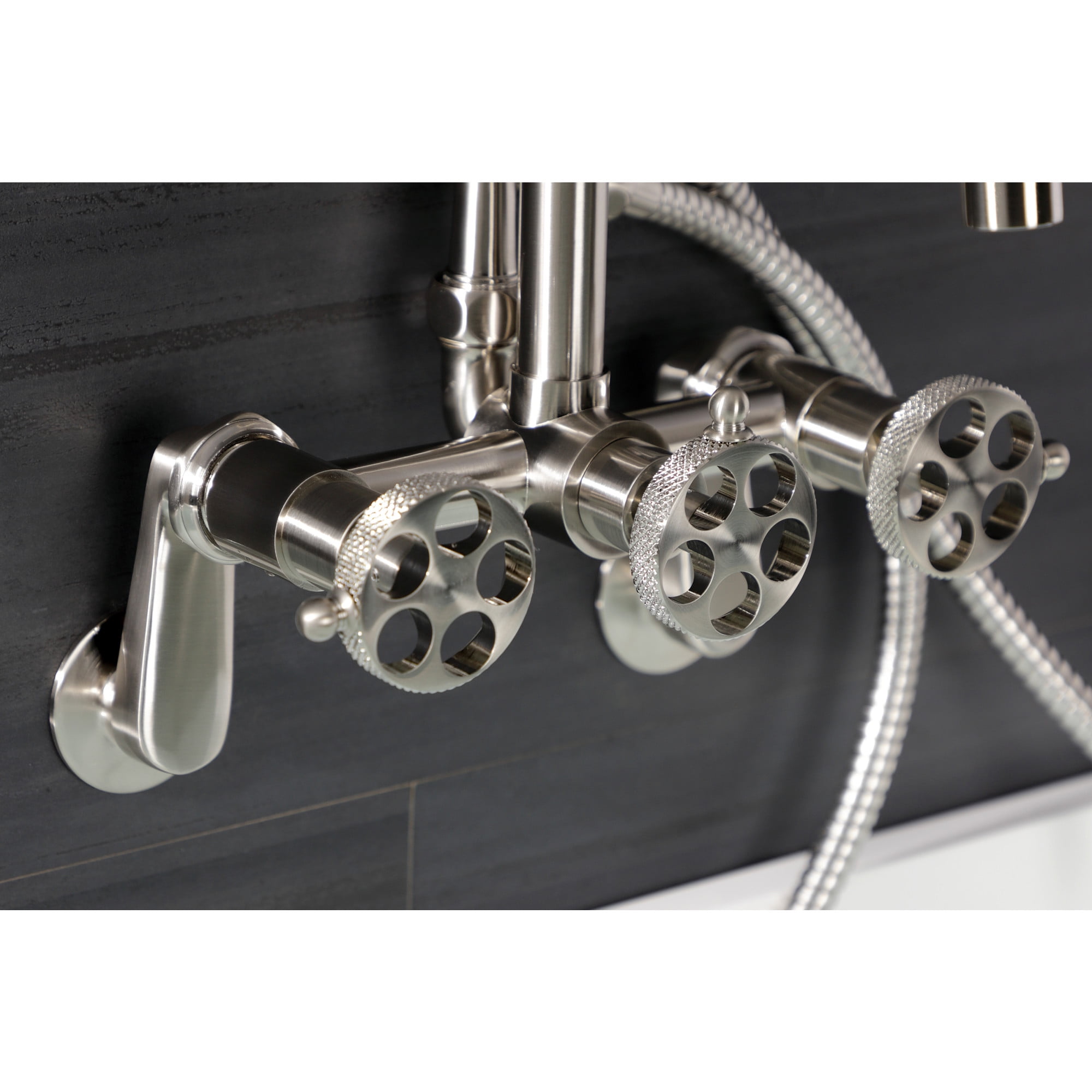 Kingston Brass AE8458RKX Webb 7-Inch Adjustable Wall Mount Clawfoot Tub Faucet with Knurled Handle and Hand Shower, Brushed Nickel