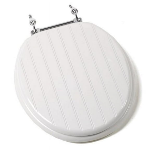 White Bead Board Deluxe Molded Wood Toilet Seat With Chrome Hinges, Round