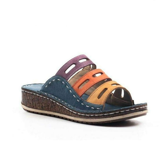 Sandales Chic pour Femmes à Trois Couleurs avec Coutures, Sandales Compensées d'Été pour Dames à Talon Bas, Chaussures Pantoufles à Bout Ouvert