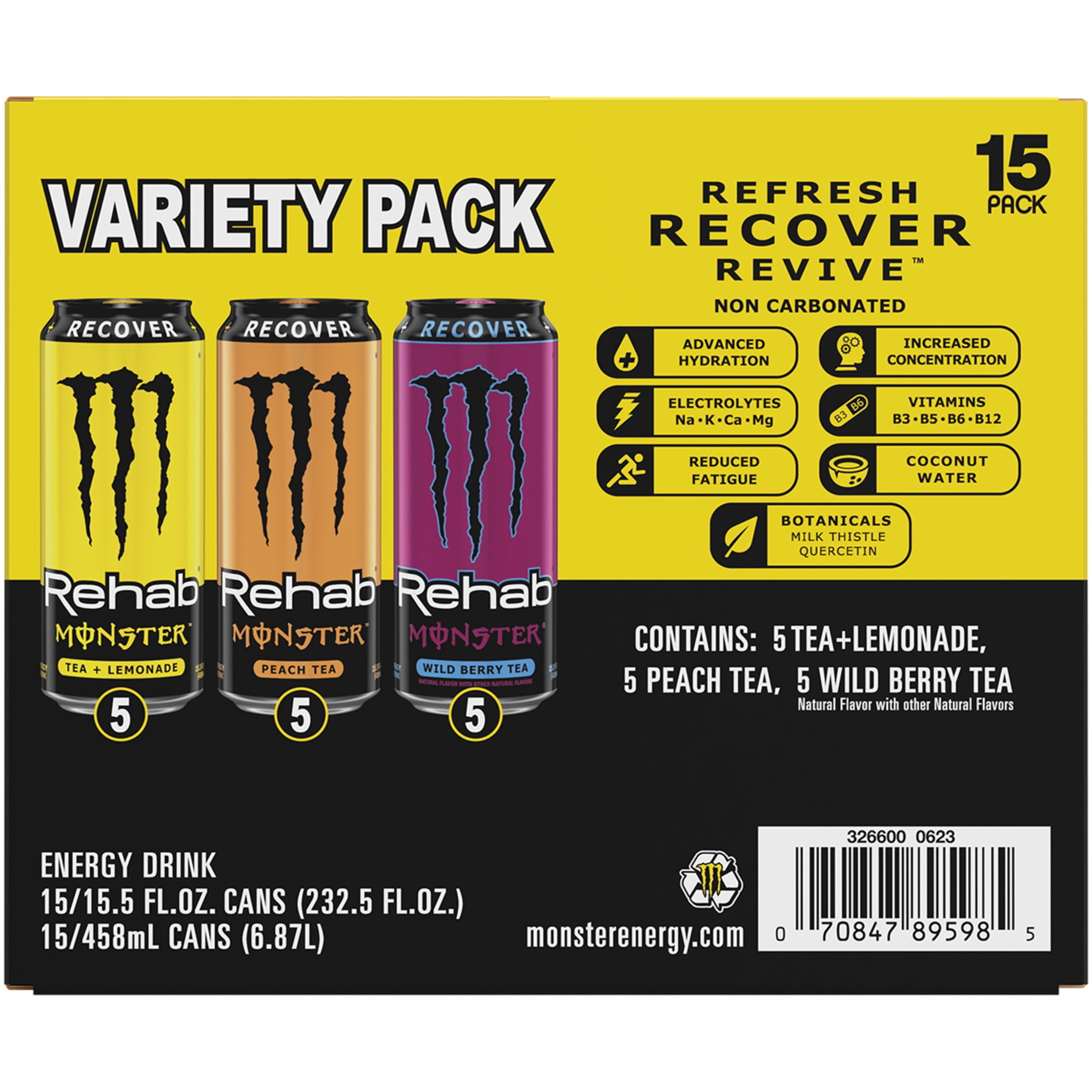 Monster Rehab Variety Pack Energy Drink, Zero Sugar, 15-Pack, 16 Oz Cans