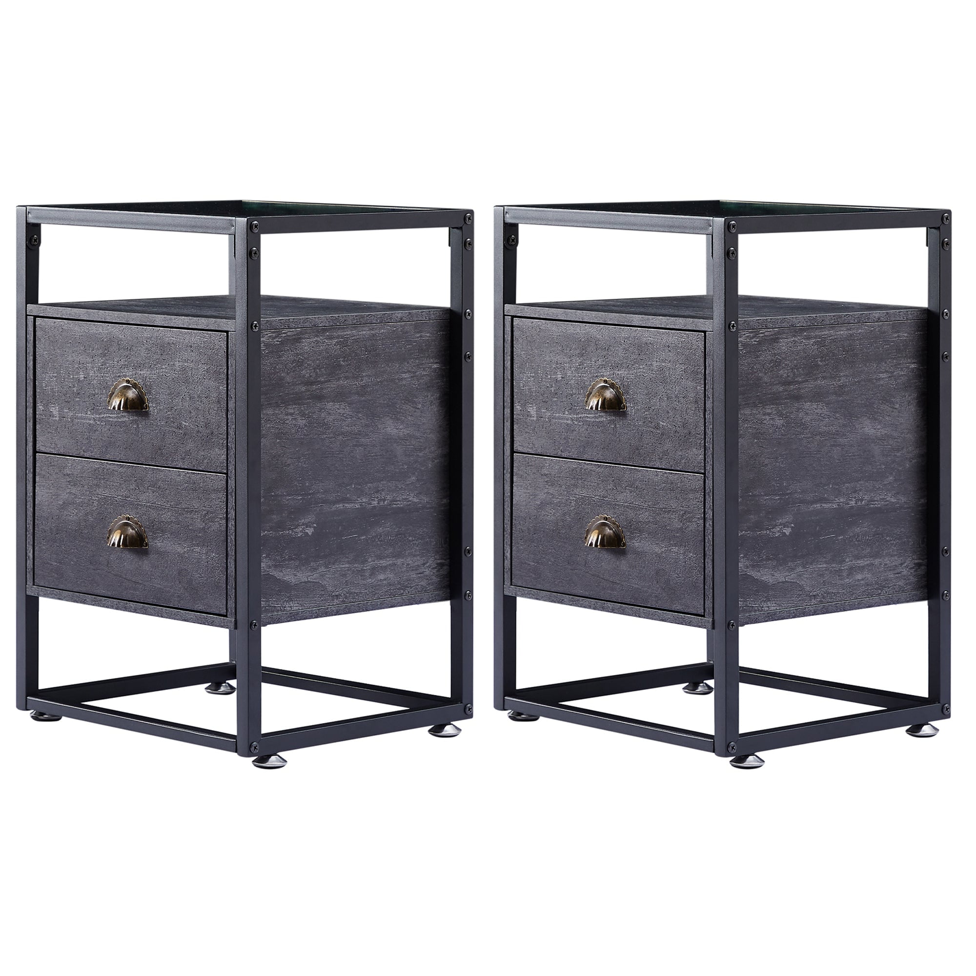 VECELO Set of 2 Glass Top Nightstand with 2Drawer, Modern Side End Table with Open Storage