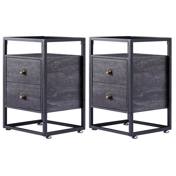 VECELO Set of 2 Glass Top Nightstand with 2-Drawer, Modern Side End Table with Open Storage Shelf for Bedroom Living Room Office, Charcoal Gray