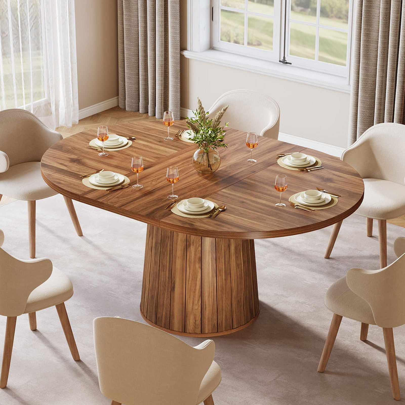 Tribesigns 55.11-Inch Oval Wood Dining Table with Cylindrical Pedestal for Dining Room (Brown)