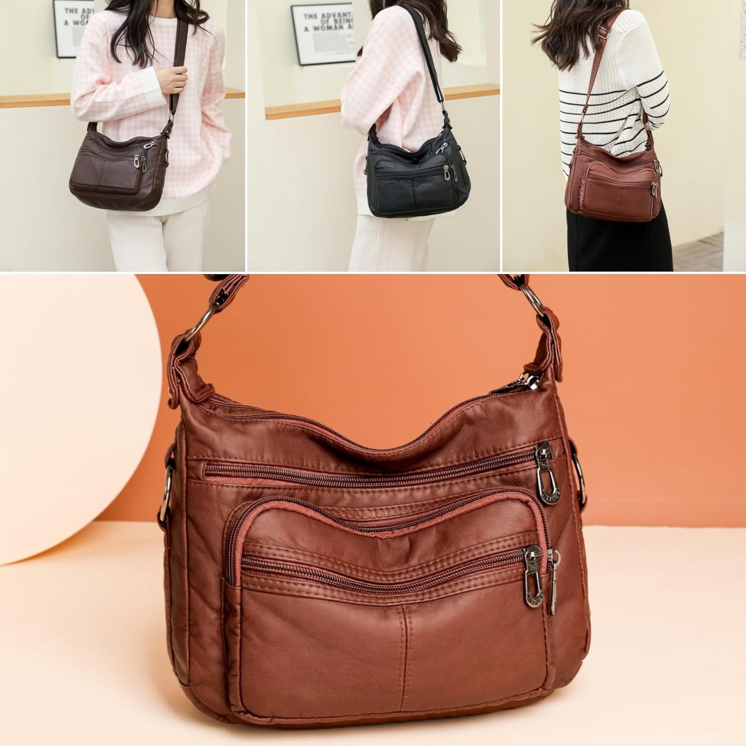 Tote Shoulder Handbags for Women, Soft Leather Crossbody Adjustable Handle Purse with Zip Closure for Shopping Travel