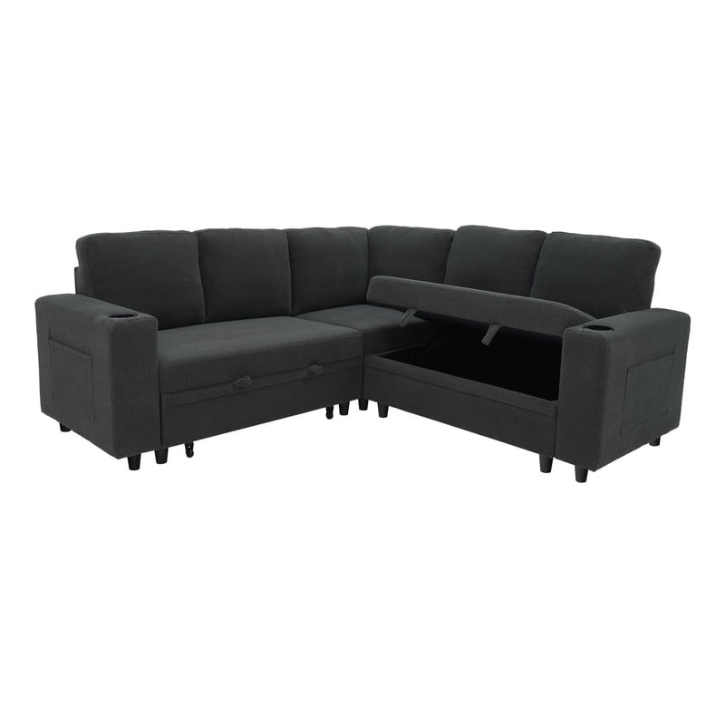 L-Shape Sectional Sofa with Pull-Out Sleeper Bed, Storage Chaise, Cup Holders & Side Pockets, Convertible Corner Sofa Couch for Living Room, Apartment & Guest Room