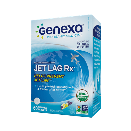 Genexa Jet Lag Homeopathic Relief: Certified Organic, Physician Formulated, Natural, Non-GMO, Jet Lag Flight Fatigue Remedy. Helps You Feel Less Fatigued & Fresher After Arrival (60 Chewable (Best Remedy For Jet Lag)
