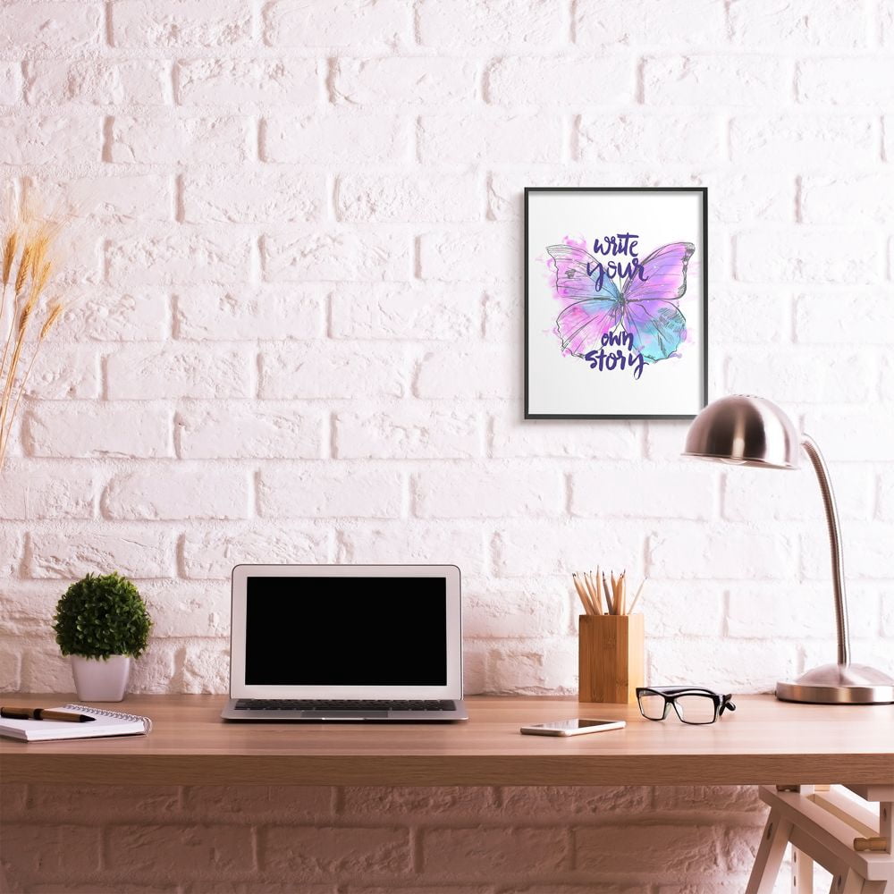 Stupell Industries Write Your Story Phrase Butterfly Wings Purple Design Framed Wall Art Design by Jennifer Paxton Parker, 16" x 20", Black Framed