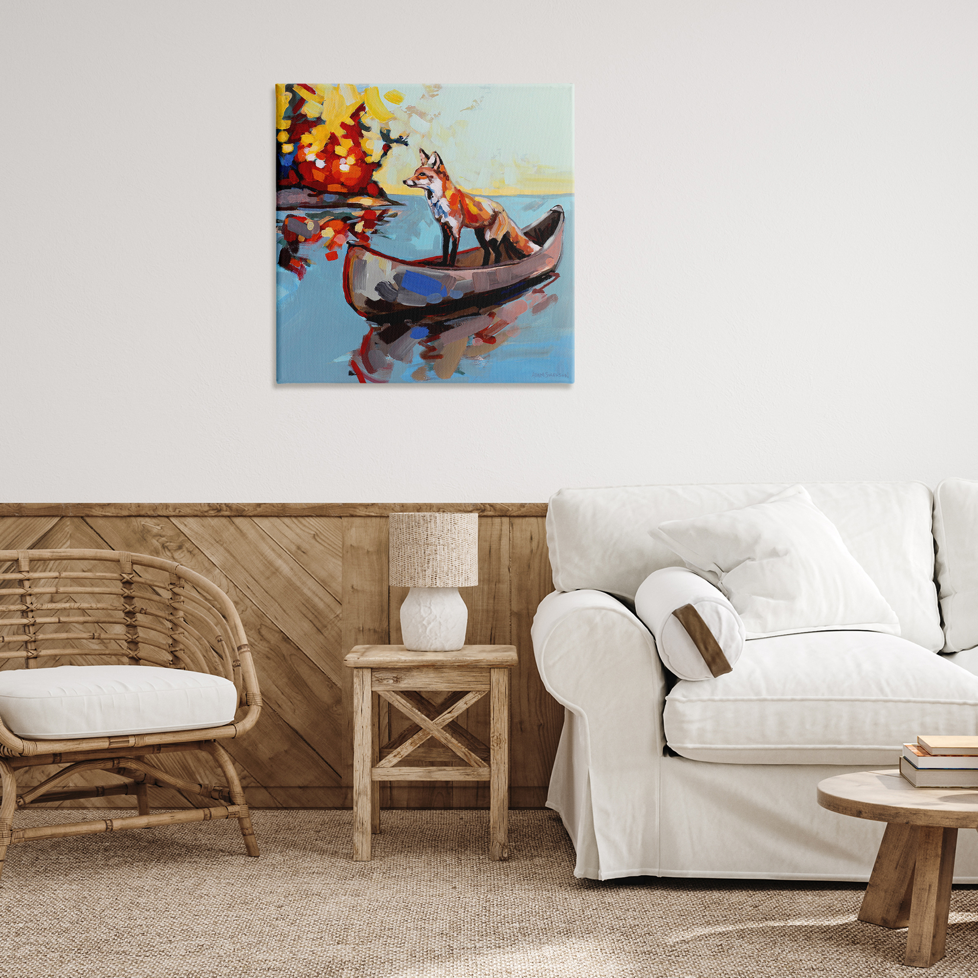 Fox's Voyage on Canoe Canvas Wall Art, design by Adam Swanson