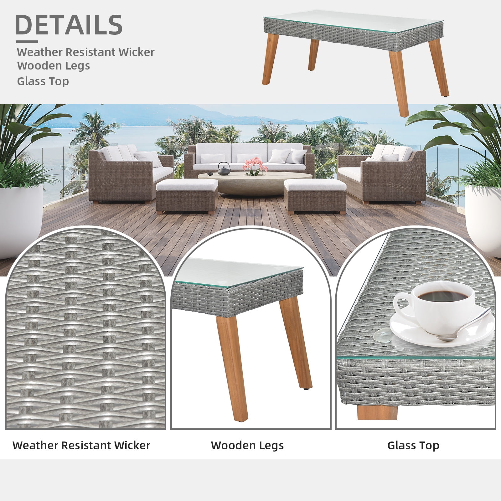 4 Pieces Outdoor Wicker Conversation Set, All-Weather Rattan Patio Furniture Sets with Arm Chairs, Tempered Glass Tabletop and Cushions, Sectional Sofa Set for Backyard, Garden, Poolside