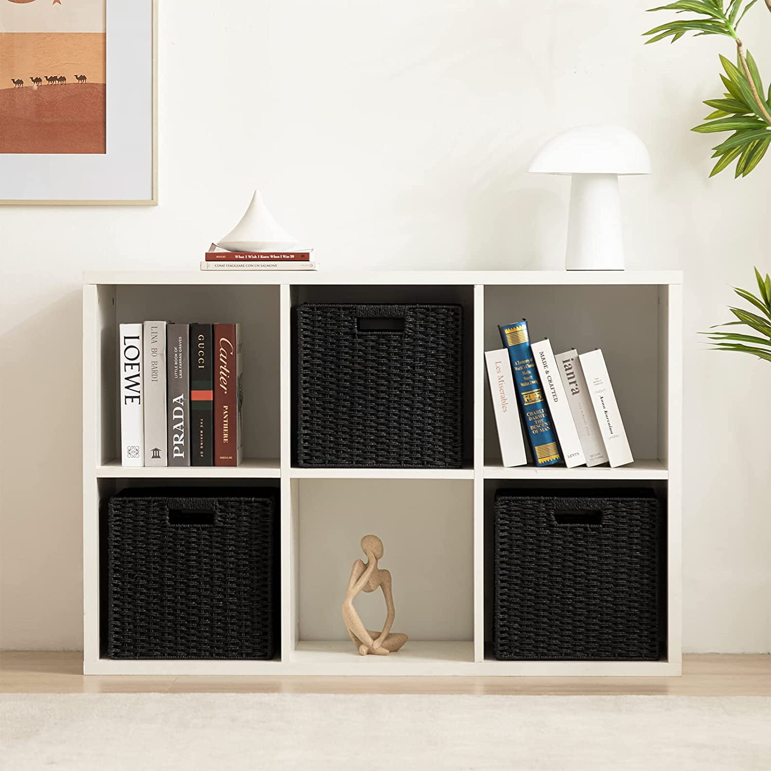 HBlife Wicker Baskets, Set of 3 Hand-Woven Paper Rope Storage Baskets, Foldable Cubby Storage Bins, Large Wicker Storage Basket for Shelves Pantry Organizing & Decor, Black