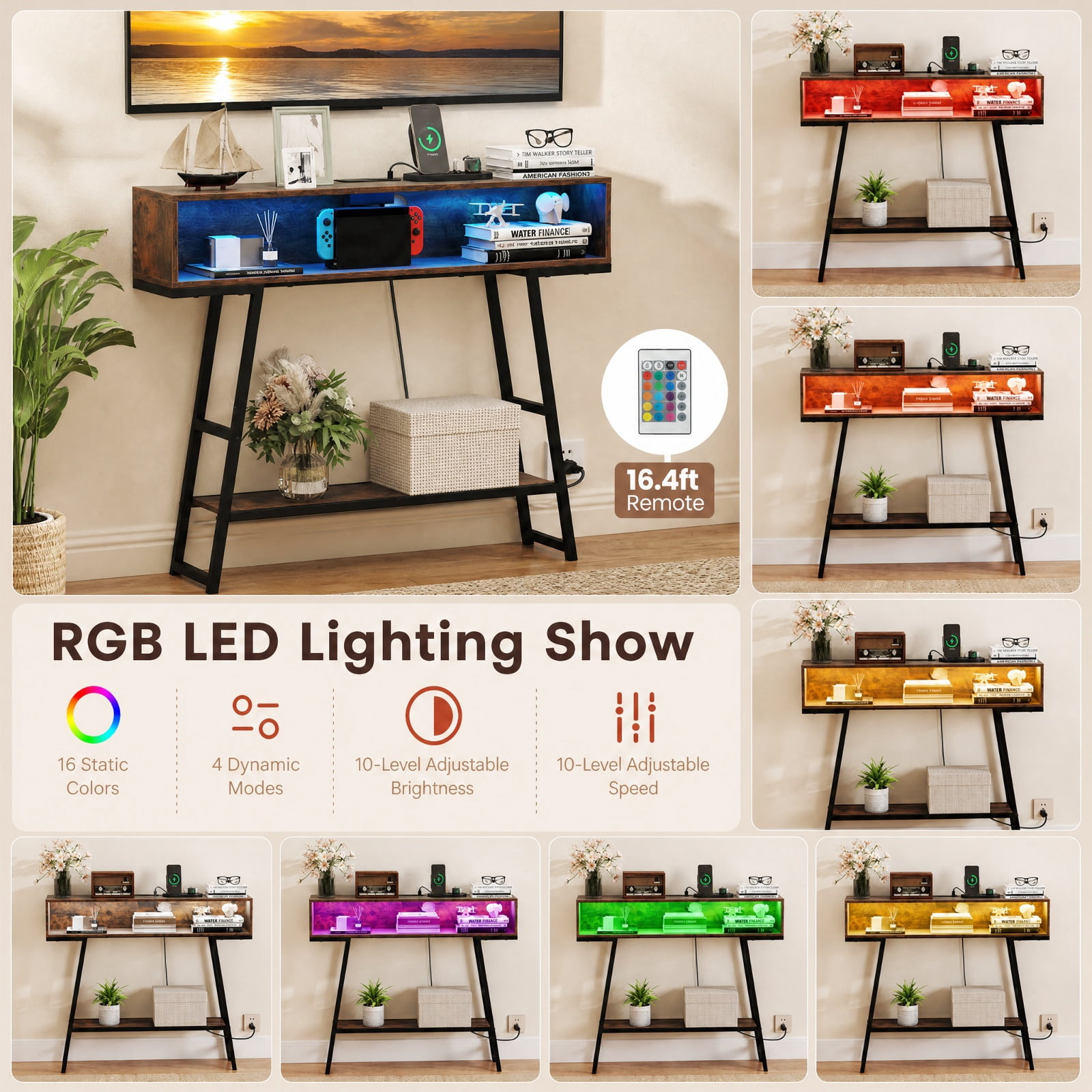 Furnibear 40 Inch Entryway Console Table with USB Type-C AC Charging Station and App Controlled RGB LED Lights for Hallway, Rustic Brown