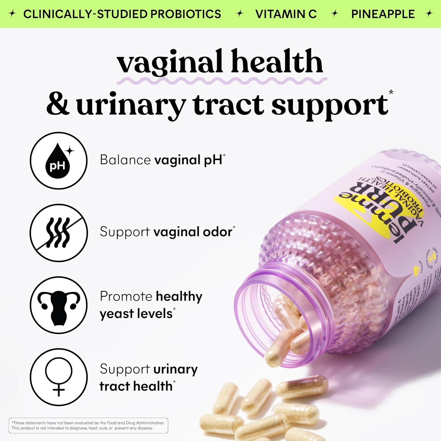Lemme Purr Vaginal Probiotic Capsules for Women - Promotes pH Balance, Healthy Vaginal Odor & Urinary Tract Health w/Lactobacillus Blend, Clinically Tested Strains, Pineapple & Vitamin C, 60 Count
