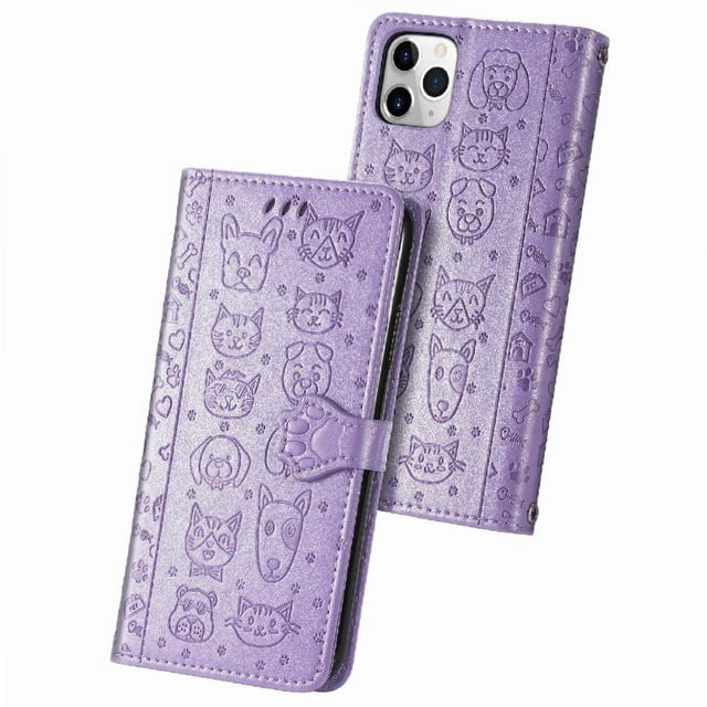 Funda Cartera FOXDOCK para iPhone 11 ProMax , Flip PU con Relieve de Gatos y Perros, Tarjetero y Soporte