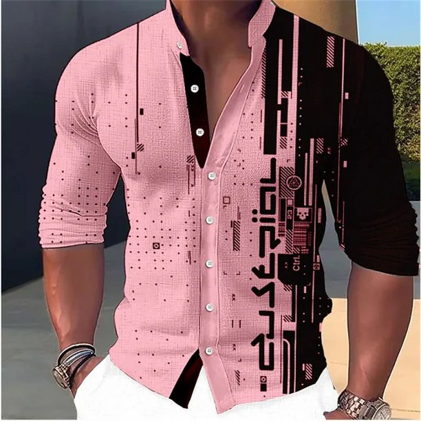 Camisa para hombre con estampado geométrico, cuello alto, ropa de calle para exteriores, manga larga, color blanco, ropa de diseñador