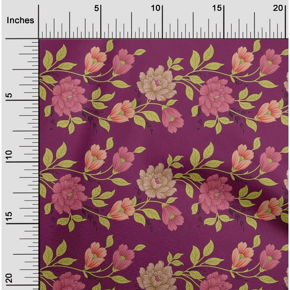 oneOone Polyester Lycra Dark Magenta Fabric Leaves & Flowers Floral Diy Clothing Quilting Fabric Print Fabric By Yard 56 Inch Wide