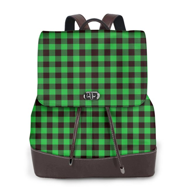 Easygdp Buffalo Plaid Green Black Mochila de Cuero para Mujeres, Bolso de Hombro, Bolsos de Mano de Moda para Trabajo y Viajes