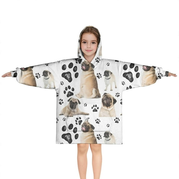 Pug and Footprints Blanket Hoodies for Kids 6-13YR Oversize Wearable Blanket Hoodies for Boys Girls Teens