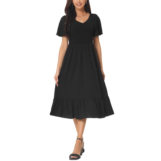 INSPIRE CHIC Robe Midi d'Été Décontractée pour Femme à Col en V, Manches à Volants, Smockée, avec Poches, Noir G