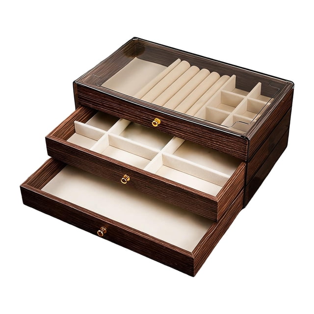 Joyero Bandeja para joyas Tocador de 3 capas Gran capacidad Revestimiento suave Madera Estilo B