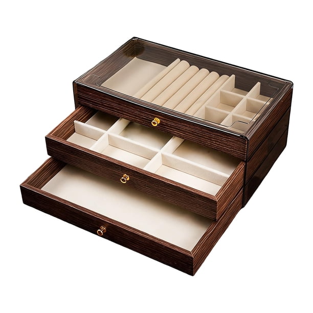 Joyero con bandeja de madera de 3 capas y forro suave, versátil y con compartimentos. Estilo B