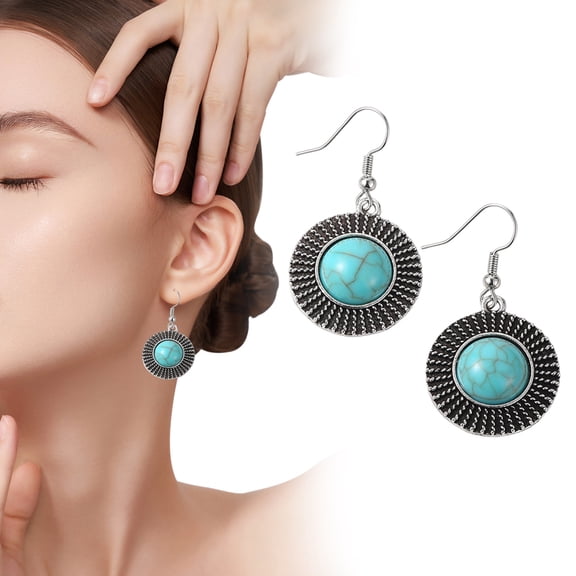 Pebbuoy 1 Pair Women Hook Earrings Round Shape Retro Bohemian Style Faux Turquoise Stainless Alloy Ear Decoration Jewelry Long Hanging Earrings Dangle Earrings