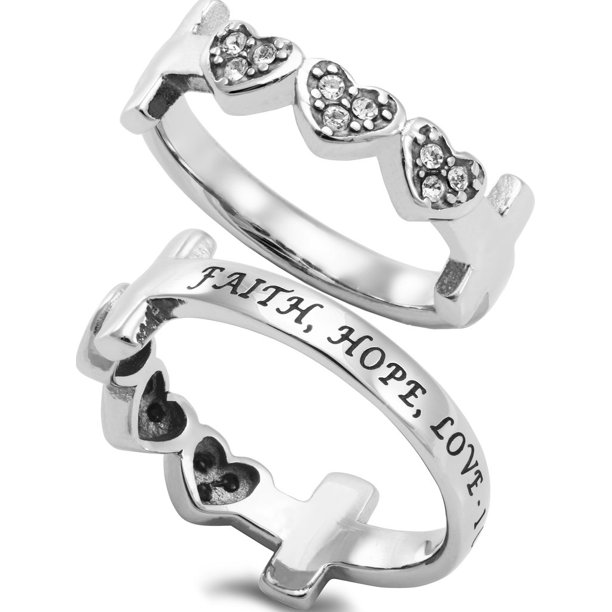 North Arrow Shop FAITH HOPE LOVE Three Heart Ring with Cross