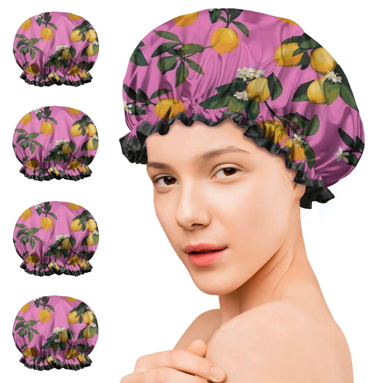 Shower Caps,Yellow Lemon Flowers Pink Pattern Waterproof Shower Cap for Women 4 Pieces,Double Reusable Hair Cover for Shower PEVA Elastic Stretch Hem