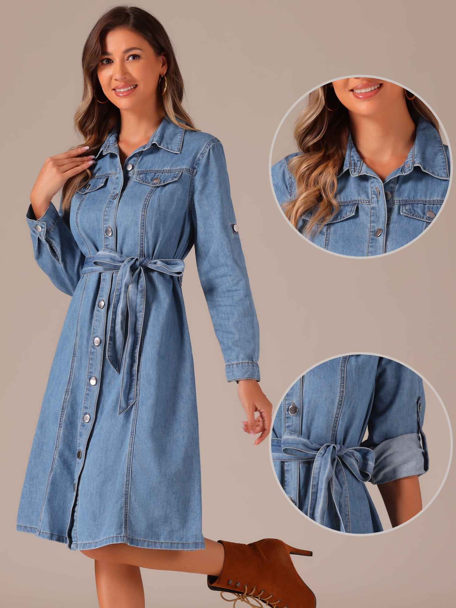 DARING DIVA Women's Denim Shirt Dress Long Sleeve Belted Dress XS Light Blue