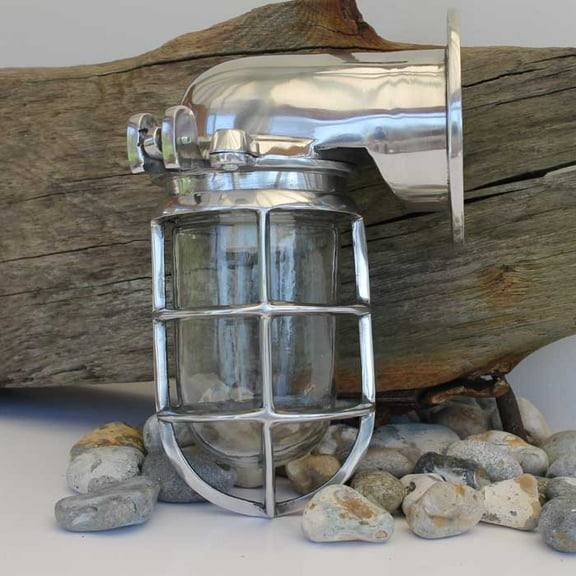 Polished Chrome Aluminium Nautical Bulkhead Wall Light – Industrial Marine Cage Fixture