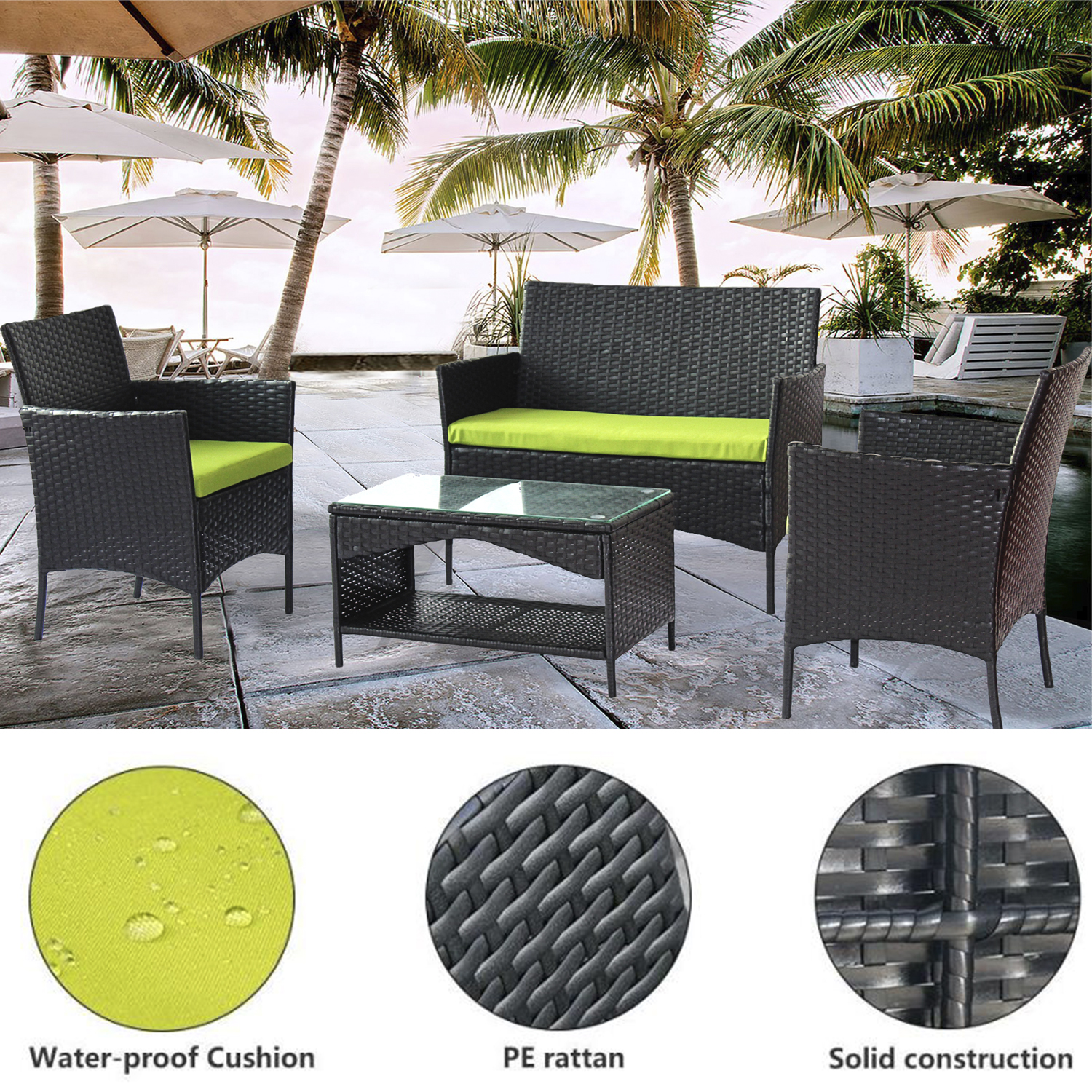 Uhomepro 4 Piece Bistro Patio Set, Rattan Wicker Outdoor Patio Furniture with 2pcs Arm Chairs, 1pc Love Seat, Coffee Table, Green Cushion, Dining for Backyard Poolside Garden - image 4 of 8
