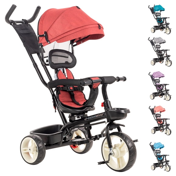 Triciclo para Bebe Triciclo Montable De 4 A 10 Años Carriola Montable con Sombrilla para Sol Silla Ajustable Carrito de Paseo Transformable Plegable Triciclo Infantil
