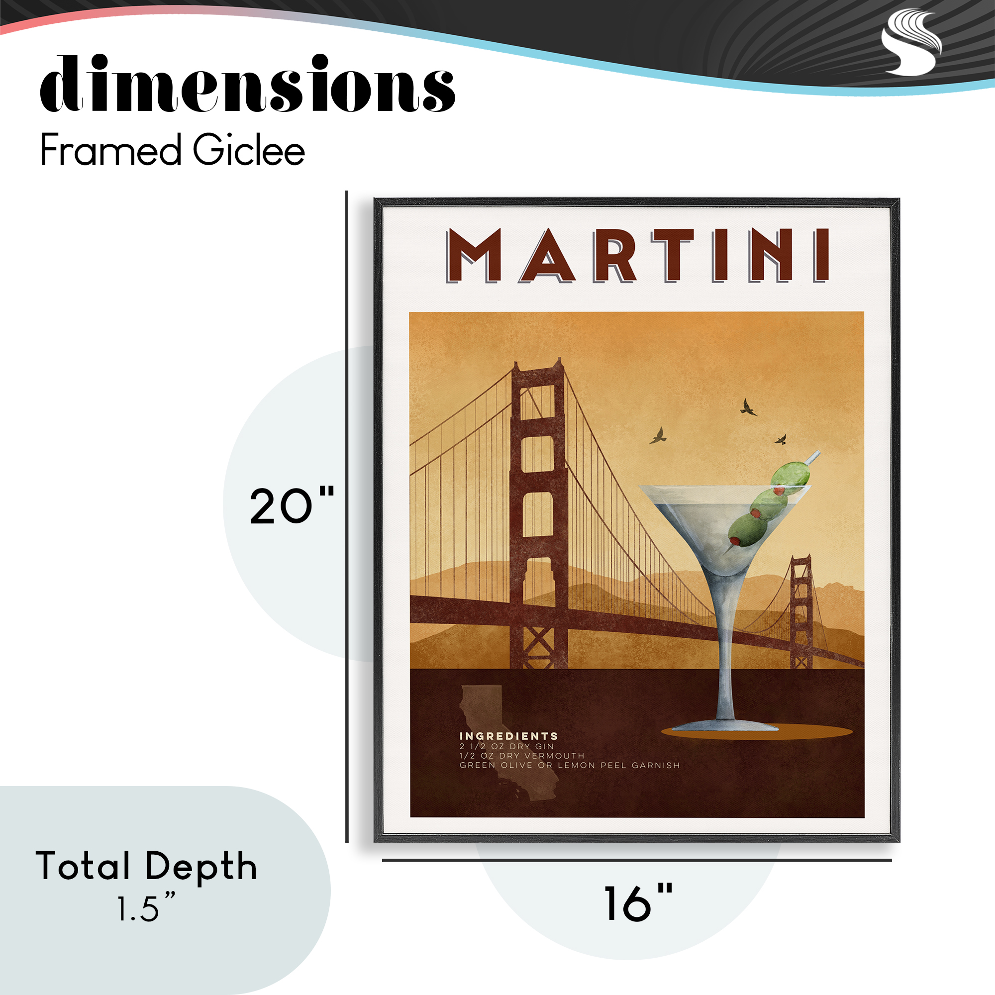 Retro Martini & Bridge View Black Framed Giclee Art, design by Brett Blumenthal