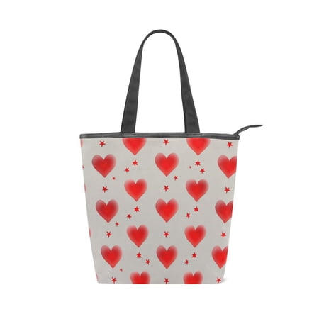Large Capacity Canvas Tote Bag with Zipper Durable Canvas & Leather Shoulder Handbag All-over Print Tote for Work Commuter Shopping Travel Blush Red Love Design