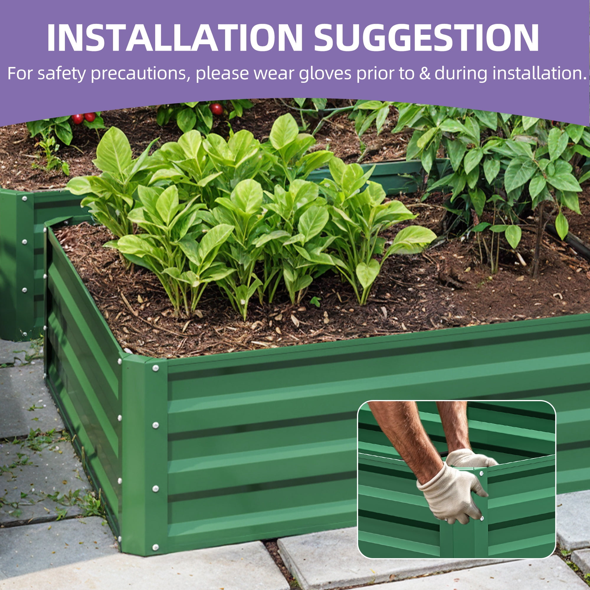 Uforic 6x3x1 Ft 2 Pieces Galvanized Metal Raised Garden Bed Kit with Free Gloves Green
