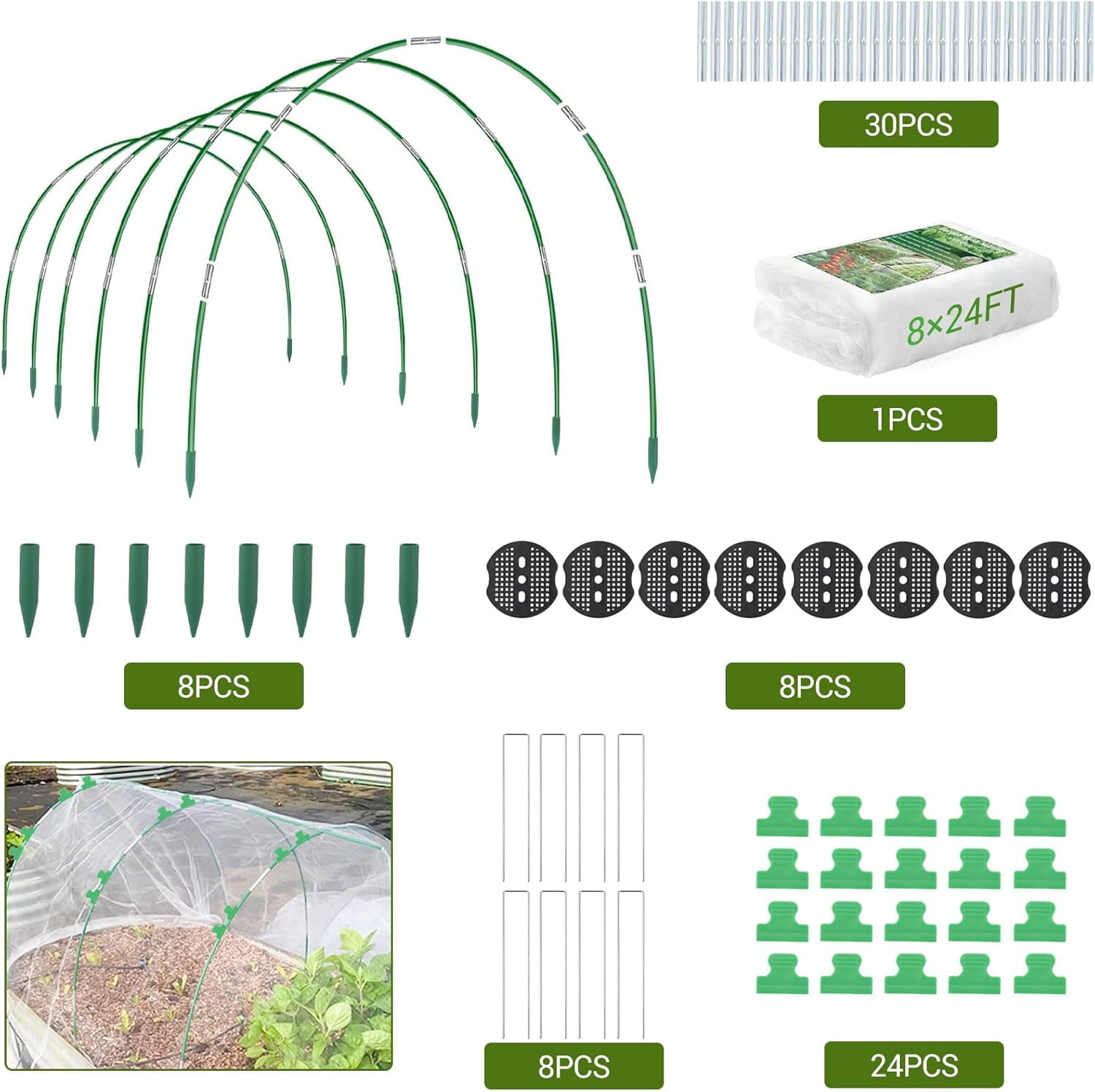 Garden Netting Kit, 8 x 24 ft Fruit Tree Mesh Netting with 5 Sets Fiberglass Garden Hoops & 20 Clips, Insect Bird Barrier Cover for Vegetable, Fruit, Flowers Protection, White