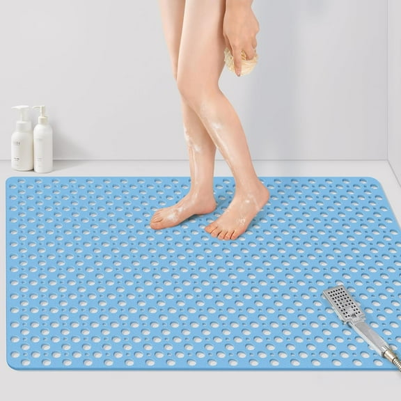 Large Shower Mat, 47" x 32" Non Slip Shower Mats for Inside Shower with Drain Holes and Suction Cups, No Odor Soft Shower Floor Mat, Blue