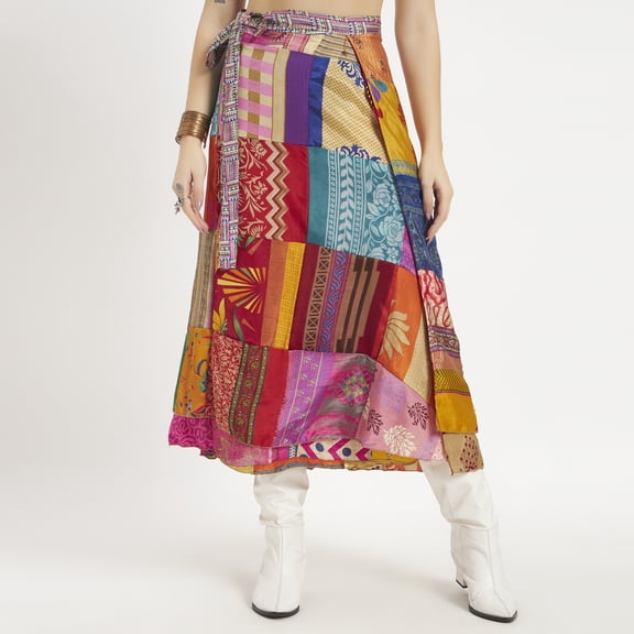 Patchwork Vintage Sari Silk Long Wrap Skirt