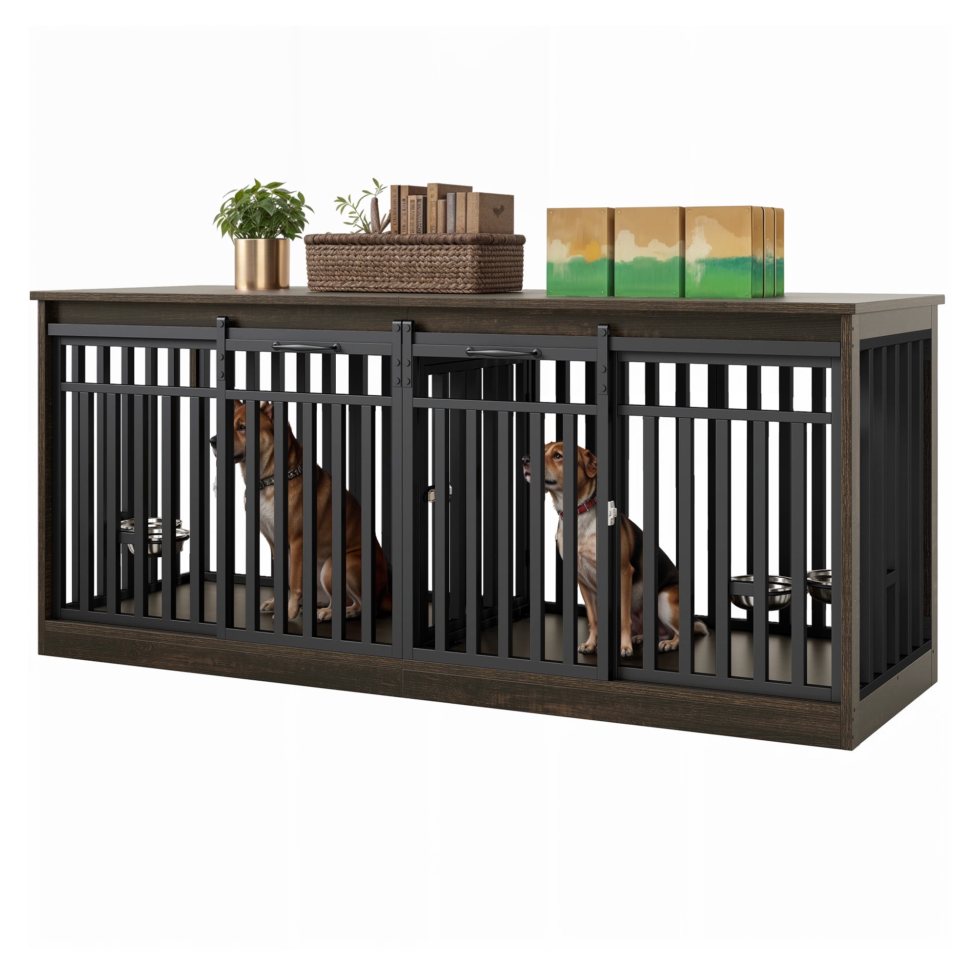 Craftian 71In Farmhouse Dog Crate TV Stand, Wooden Dog Kennel Furniture with 4 Dog Bowls, Large Dog Crate Furniture for 2 Dogs - Black Oak