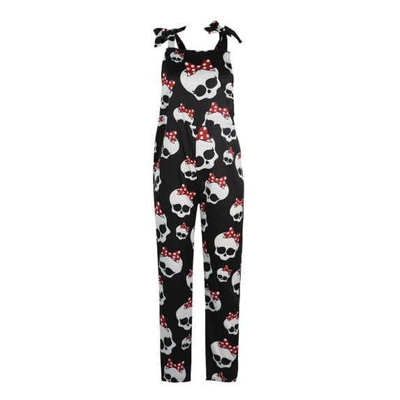 Sedceaty Women Halloween Overalls, Black Printed Pattern Square Collar Sleeveless One-piece, S-XXXXL