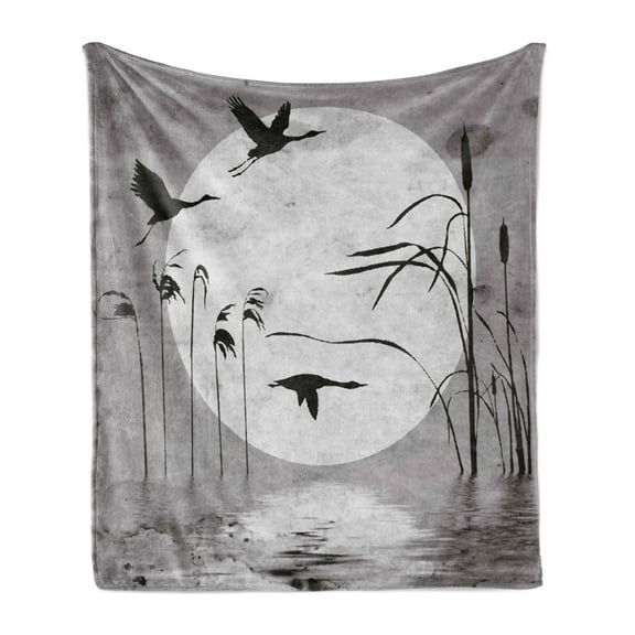 Nature Soft Flannel Fleece Blanket, Sunset Horizon Background Flying Heron Birds on the Lake River Bushes Grunge Graphic, Cozy Plush for Indoor and Outdoor Use, 70" x 90", Black Grey, by Ambesonne