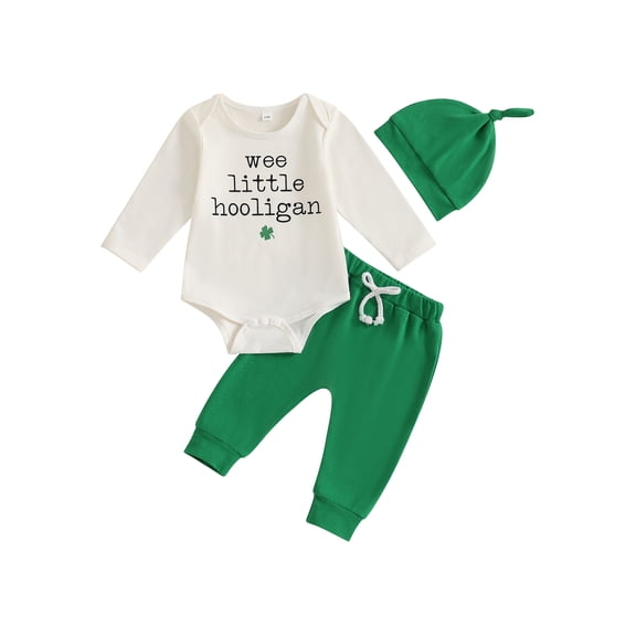 Suealasg Infant Baby Boys Spring Outfits 3M 6M 9M 12M 18M Long Sleeve Crew Neck Letters Shamrock Print Romper  Pants Hat 3pcs Newborn Casual Irish Day Clothes